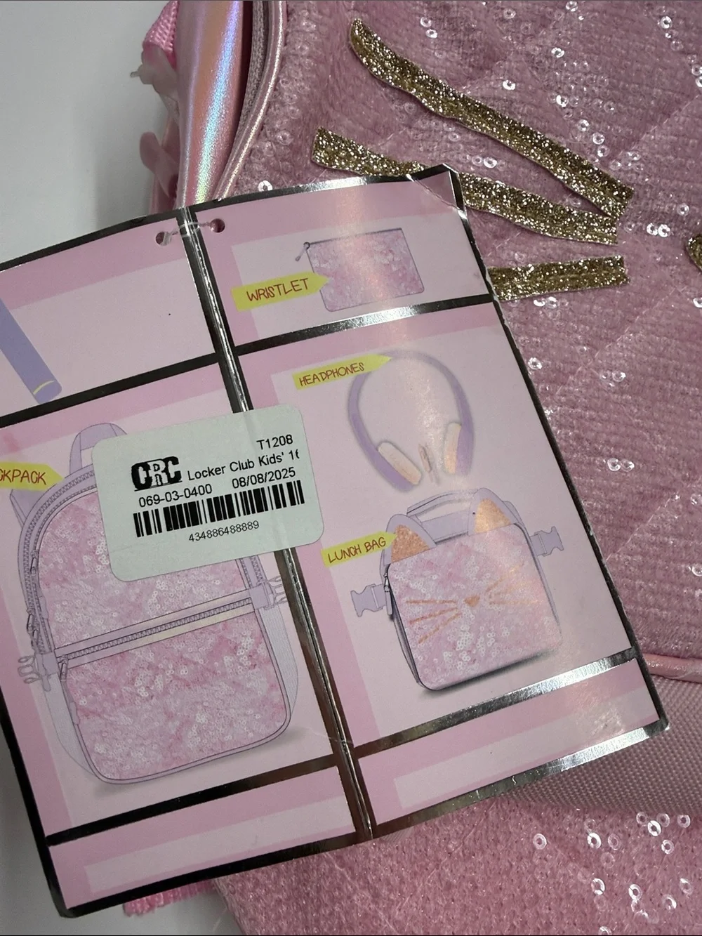 NEW Pink Sequin Cat Kids Backpack with Matching Lunch Bag and Pencil Case
